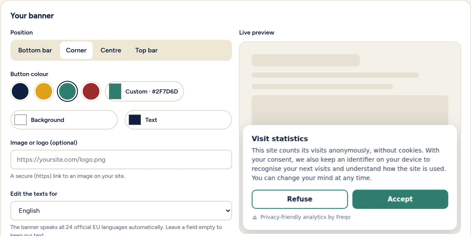 Freqo banner settings with colour choices and a live preview of the consent banner